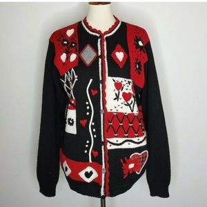 Napa Valley Cardigan Sweater L Novelty Hearts Valentines LOVE wool blend